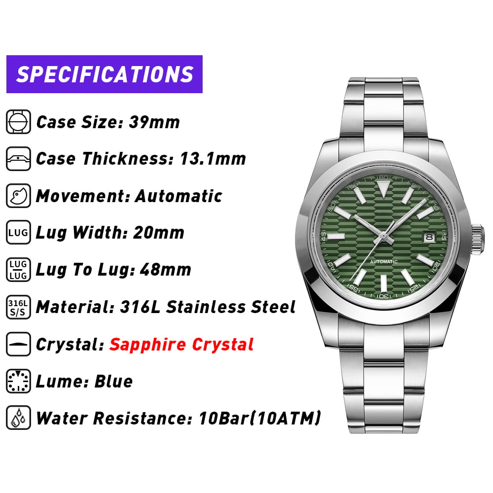 PHYLIDA 39mm Watch - Green Dial Mens Automatic Timepiece 10 PHYLIDA 39mm Watch